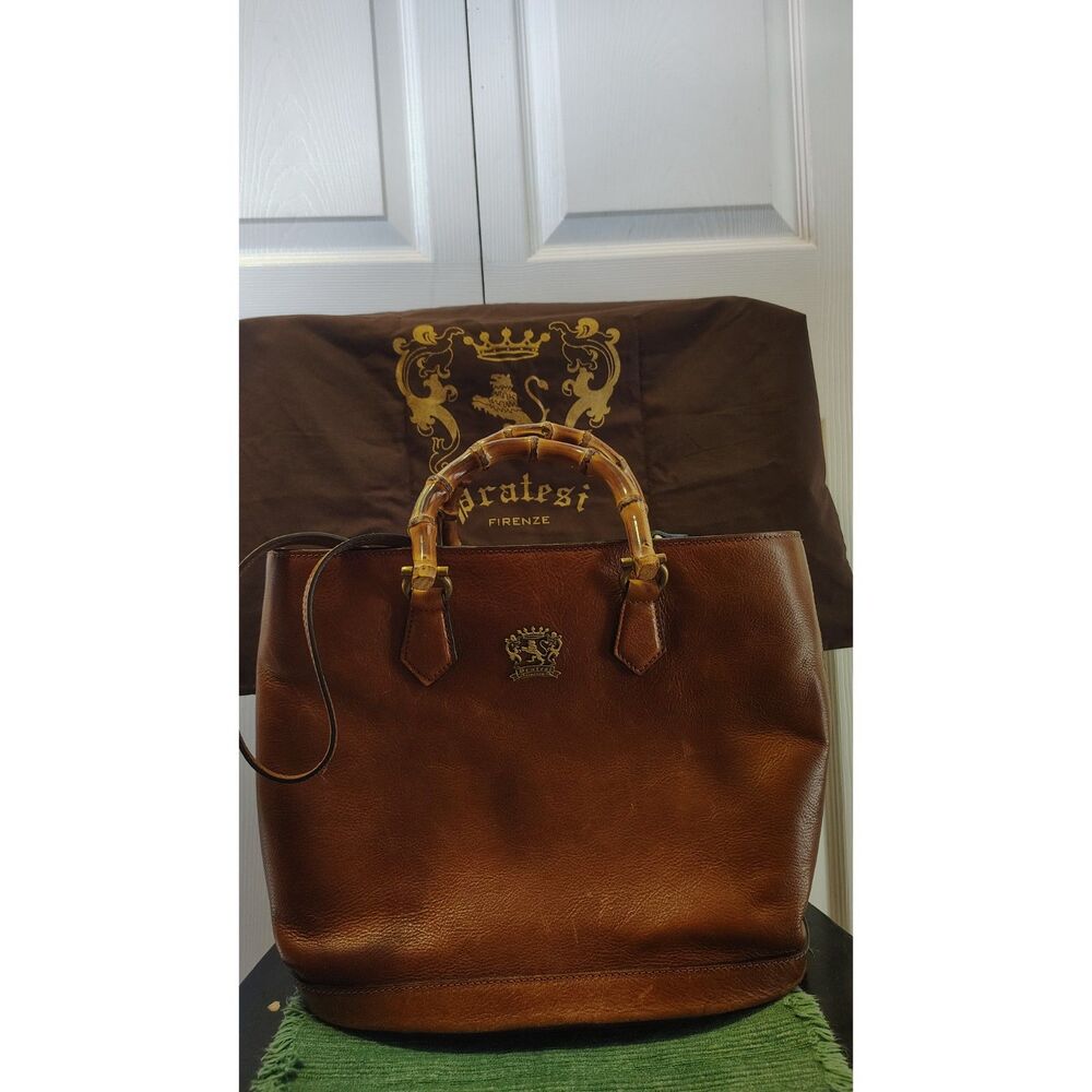 Pratesi Firenze Cognac Leather Bamboo Handle Tote Bag with Dust Bag